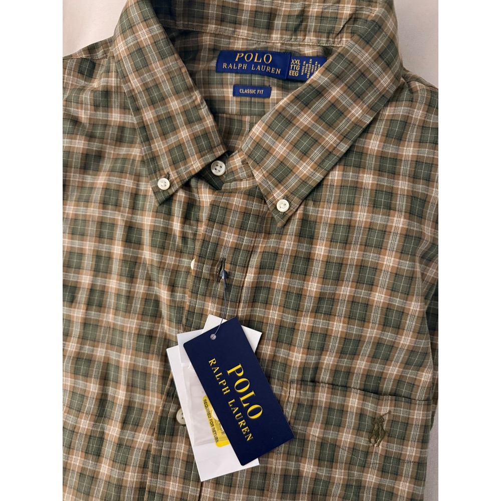 NWT Polo Ralph Lauren Men's  Tan Olive Brown Plaid Oxford Shirt Classic XXL PONY